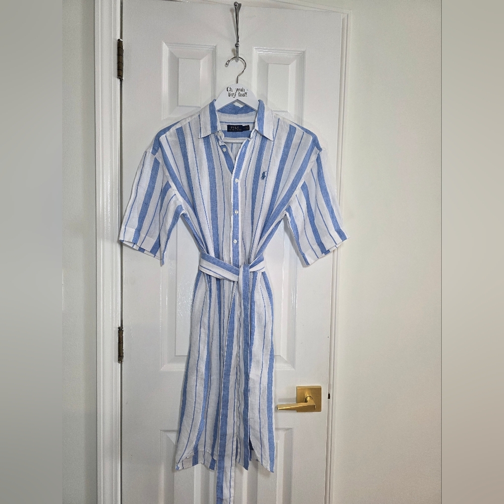 NEW Polo Ralph Lauren Linen Blue White Striped Button Front Shirt Dress Size 6